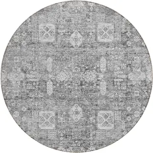 Photo of 8' Gray Silver And Charcoal Round Oriental Washable Indoor Outdoor Area Rug