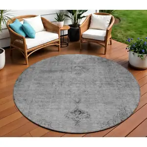 Photo of 8' Gray Silver And Charcoal Round Oriental Washable Indoor Outdoor Area Rug