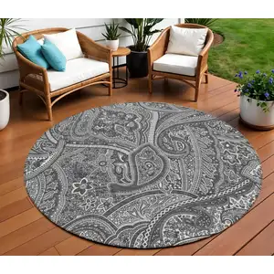 Photo of 8' Gray Silver And Charcoal Round Paisley Washable Indoor Outdoor Area Rug