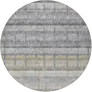 Photo of 8' Gray Silver And Charcoal Round Striped Washable Indoor Outdoor Area Rug