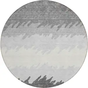 Photo of 8' Gray Silver And Charcoal Round Striped Washable Indoor Outdoor Area Rug