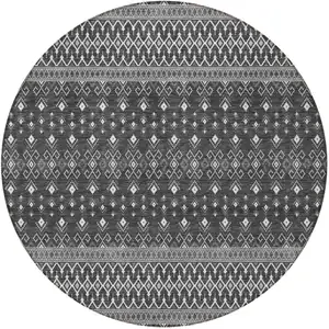 Photo of 8' Gray Silver And Charcoal Round Tribal Washable Indoor Outdoor Area Rug