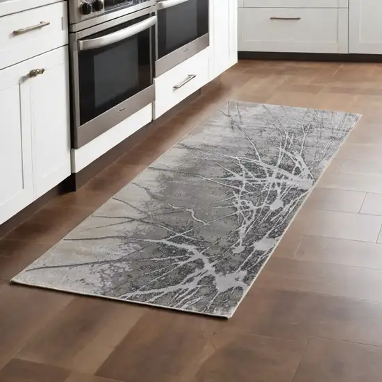 8' Gray and Ivory Abstract Power Loom Non Skid Runner Rug Photo 1