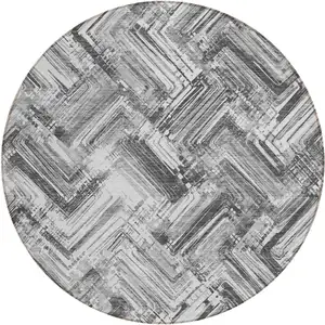 Photo of 8' Gray Silver And Ivory Round Geometric Washable Indoor Outdoor Area Rug