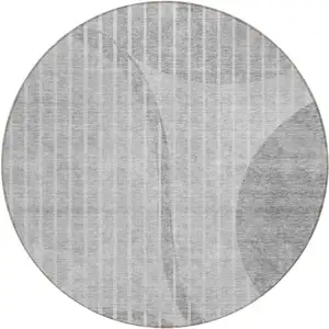 Photo of 8' Gray Silver And Ivory Round Striped Washable Indoor Outdoor Area Rug