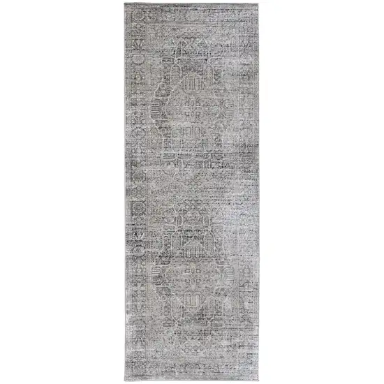 8' Gray Silver And Taupe Floral Power Loom Distressed Runner Rug Photo 1