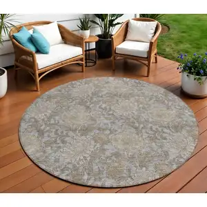 Photo of 8' Gray Silver And Taupe Round Floral Washable Indoor Outdoor Area Rug