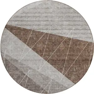 Photo of 8' Gray Silver And Taupe Round Geometric Washable Indoor Outdoor Area Rug