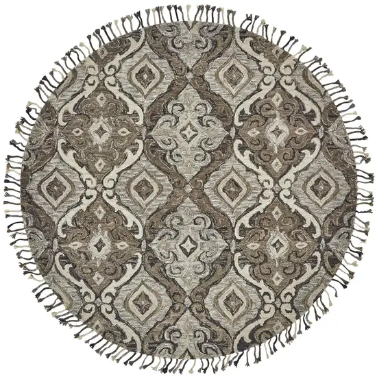 8' Gray Taupe And Ivory Round Wool Floral Tufted Handmade Stain Resistant Area Rug With Fringe Photo 1