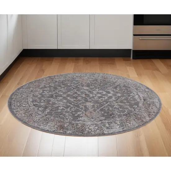 6' Gray and Ivory Round Floral Power Loom Area Rug Photo 1