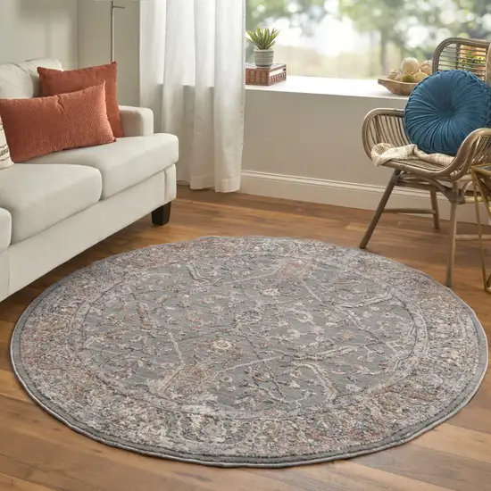 6' Gray Taupe And Pink Round Floral Power Loom Area Rug Photo 4