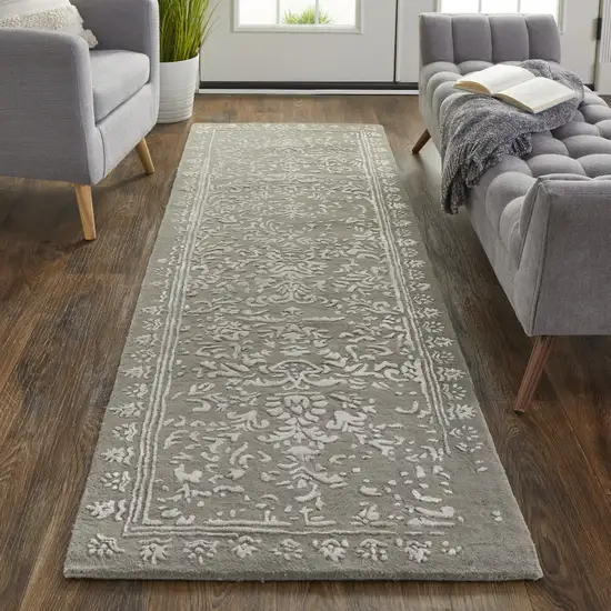 8' Gray Taupe And Silver Wool Floral Tufted Handmade Distressed Runner Rug Photo 3