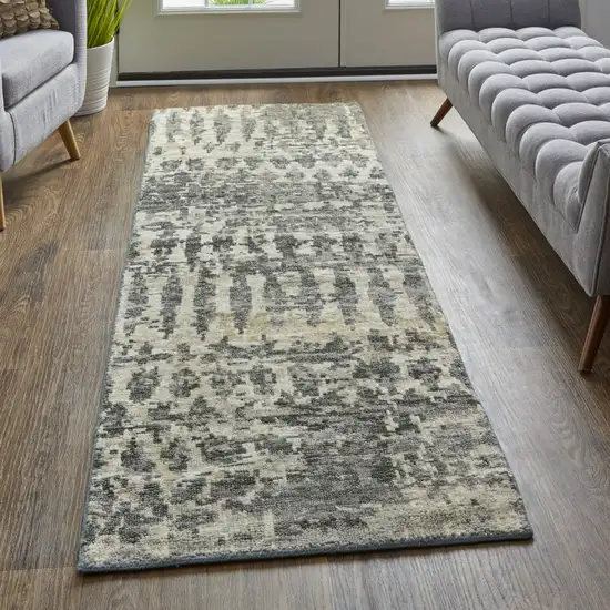 8' Gray Taupe and Ivory Wool Abstract Hand Knotted Runner Rug Photo 6