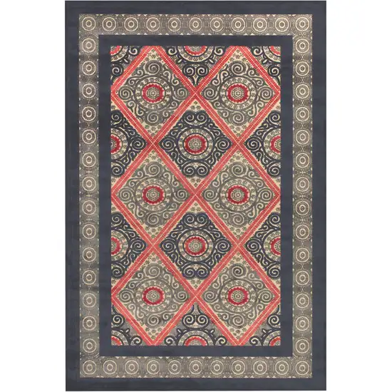 8' Gray Taupe and Red Paisley Power Loom Runner Rug Photo 2