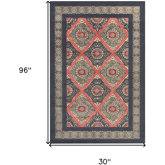 8' Gray Taupe and Red Paisley Power Loom Runner Rug Photo 3