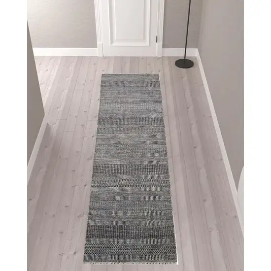 10' Gray Wool Striped Hand Knotted Runner Rug Photo 3