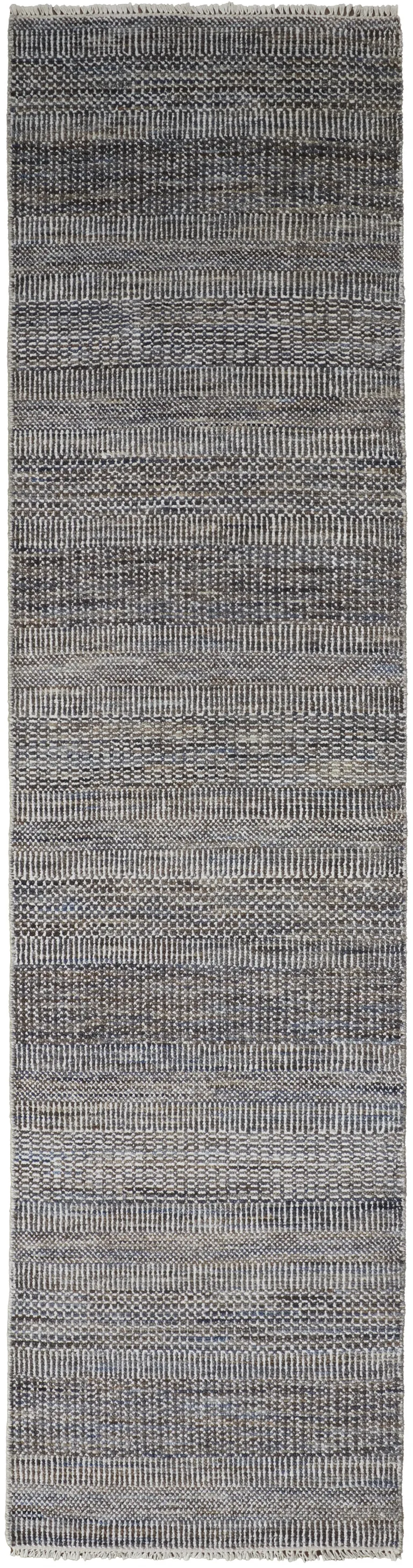 10' Gray Wool Striped Hand Knotted Runner Rug Photo 1