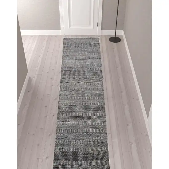 12' Gray Wool Striped Hand Knotted Runner Rug Photo 3