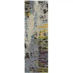 Photo of 8' Gray Yellow And Black Abstract Hand Tufted Runner Rug