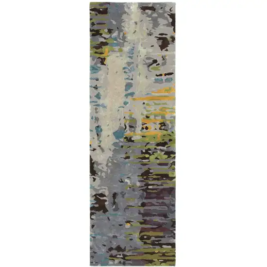 8' Gray Yellow And Black Abstract Hand Tufted Runner Rug Photo 2