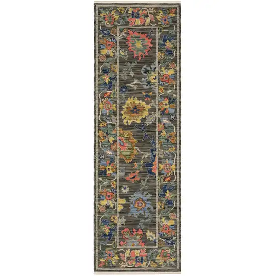 6' Gray Yellow And Blue Oriental Runner Rug With Fringe Photo 2