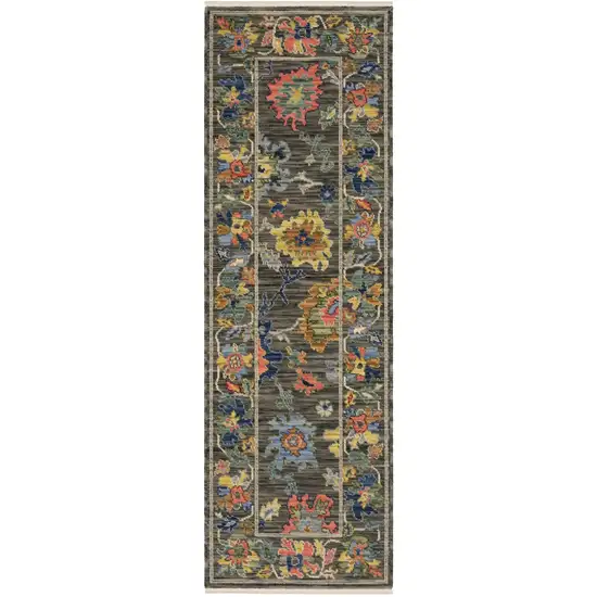 6' Gray Yellow And Blue Oriental Runner Rug With Fringe Photo 5