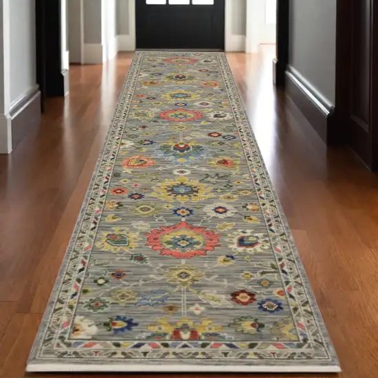 12' Gray Yellow And Blue Oriental Runner Rug With Fringe Photo 1