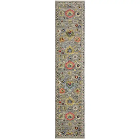 12' Gray Yellow And Blue Oriental Runner Rug With Fringe Photo 2