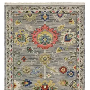 Photo of 12' Gray Yellow And Blue Oriental Runner Rug With Fringe