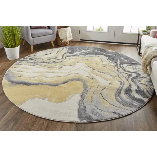 8' Gray Yellow And Ivory Round Stain Resistant Area Rug Photo 6