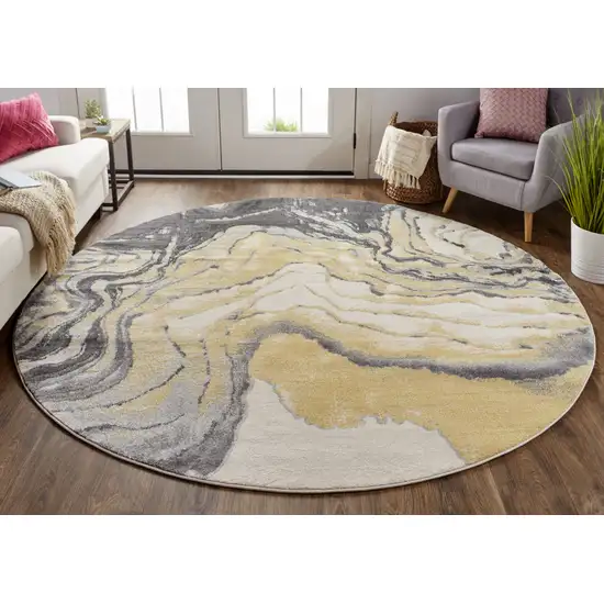 8' Gray Yellow And Ivory Round Stain Resistant Area Rug Photo 7