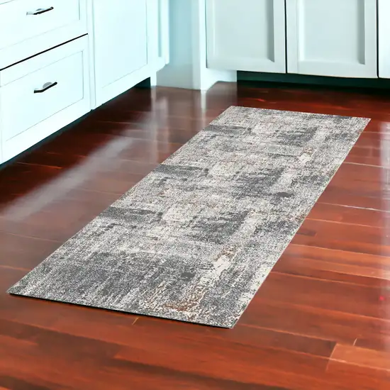 10' Gray and Beige Abstract Power Loom Runner Rug Photo 1