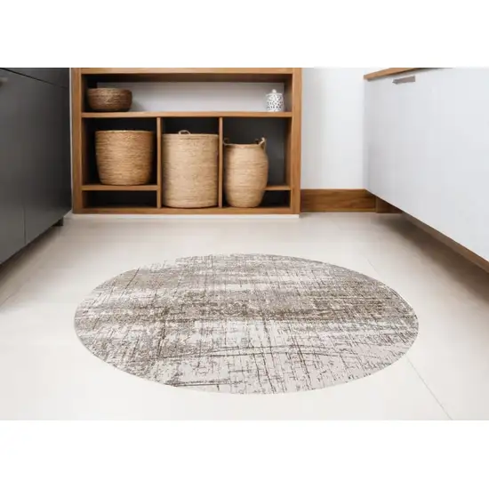 5' Gray and Beige Round Abstract Non Skid Area Rug Photo 1