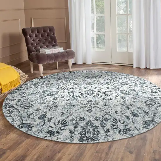 6' Gray and Beige Round Floral Power Loom Area Rug Photo 6