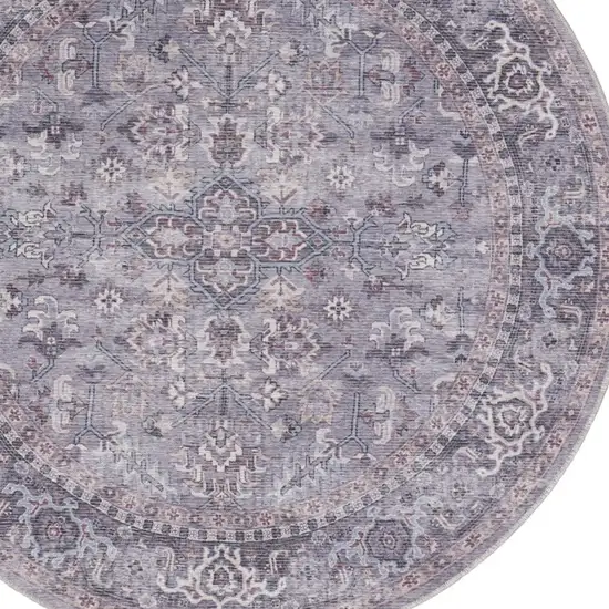 5' Gray and Beige Round Floral Power Loom Distressed Area Rug Photo 7