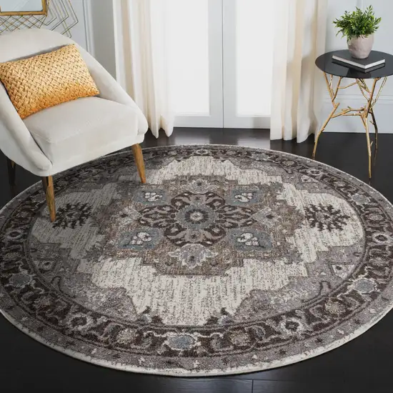 6' Gray and Beige Round Medallion Power Loom Area Rug Photo 7