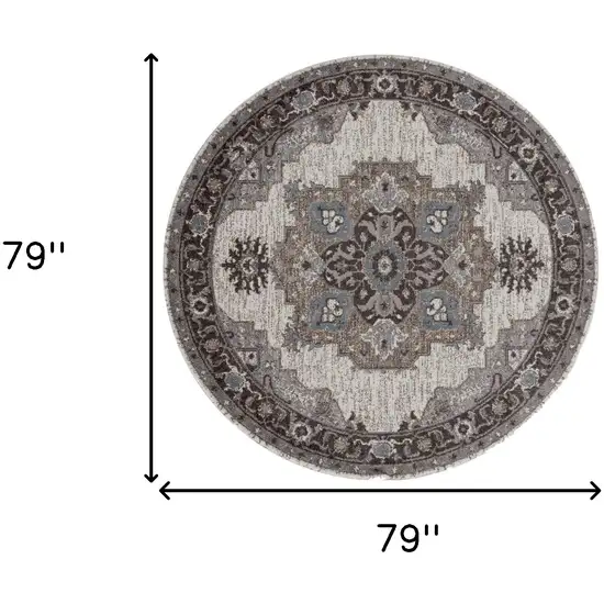 6' Gray and Beige Round Medallion Power Loom Area Rug Photo 8