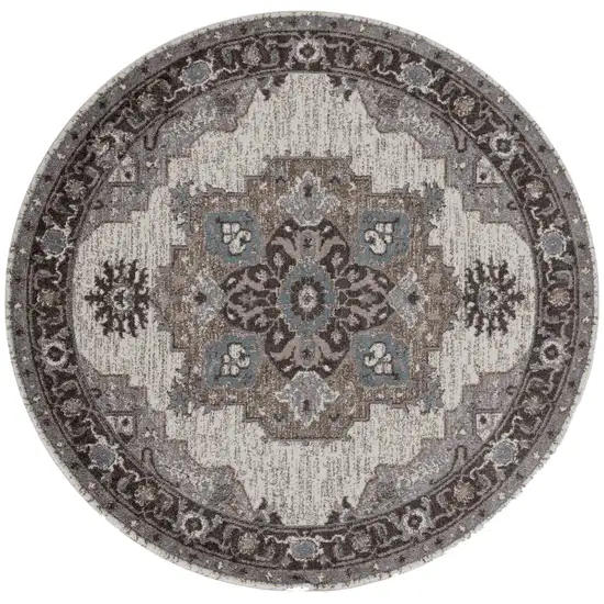 6' Gray and Beige Round Medallion Power Loom Area Rug Photo 2