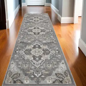 Photo of 12' Gray and Black Floral Non Skid Runner Rug