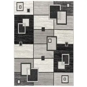 Photo of 8' Gray and Black Geometric Power Loom Distressed Runner Rug