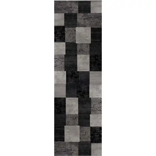 10' Gray and Black Geometric Power Loom Distressed Runner Rug Photo 2