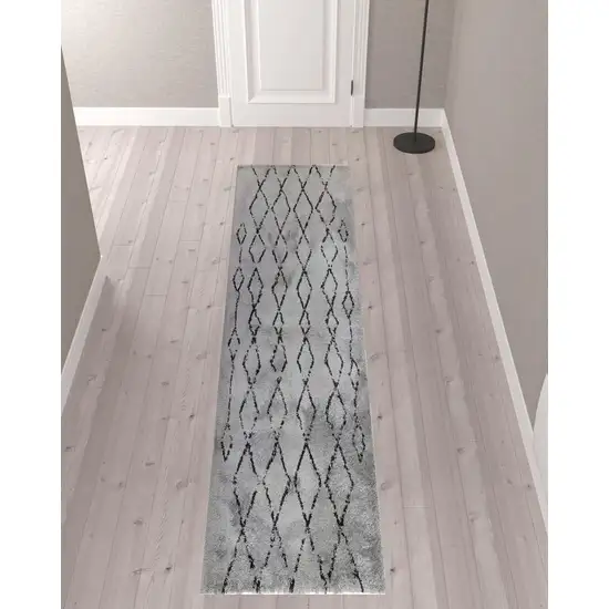 10' Gray and Black Geometric Shag Runner Rug Photo 3