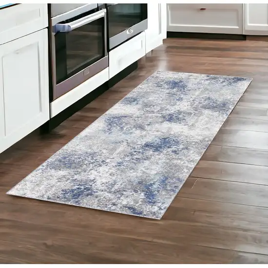 8' Gray and Blue Abstract Power Loom Runner Rug Photo 1