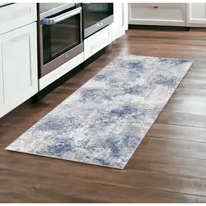 Photo of 8' Gray and Blue Abstract Power Loom Runner Rug