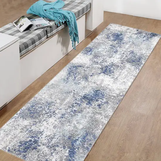 8' Gray and Blue Abstract Power Loom Runner Rug Photo 7