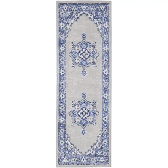 6' Gray and Blue Floral Runner Rug Photo 2