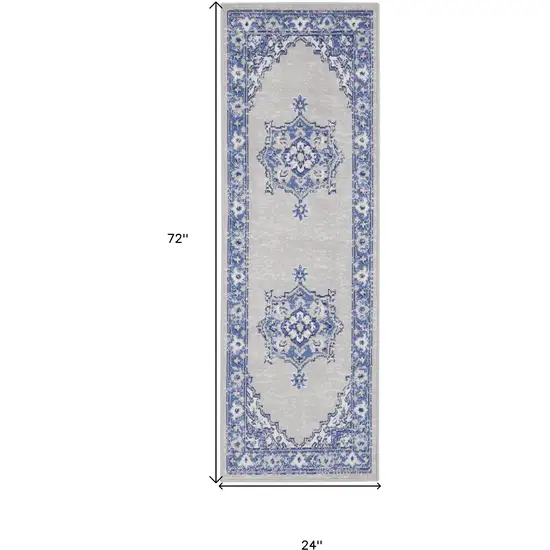 6' Gray and Blue Floral Runner Rug Photo 3