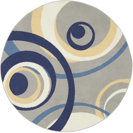 5' Gray and Blue Round Geometric Power Loom Area Rug Photo 2