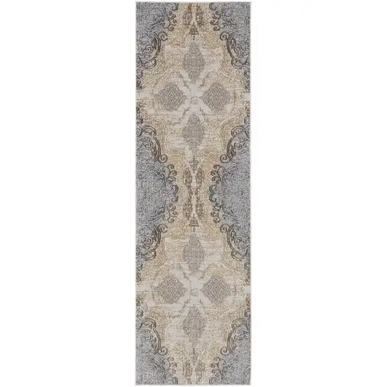 8' Gray and Brown Medallion Power Loom Distressed Runner Rug Photo 4