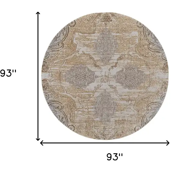 8' Gray and Brown Round Medallion Power Loom Distressed Area Rug Photo 3